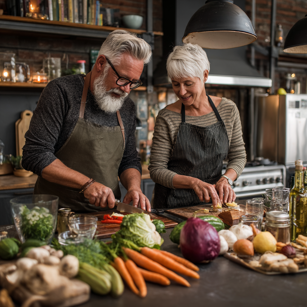 mature adults preparing healthy meal together in modern kitchen