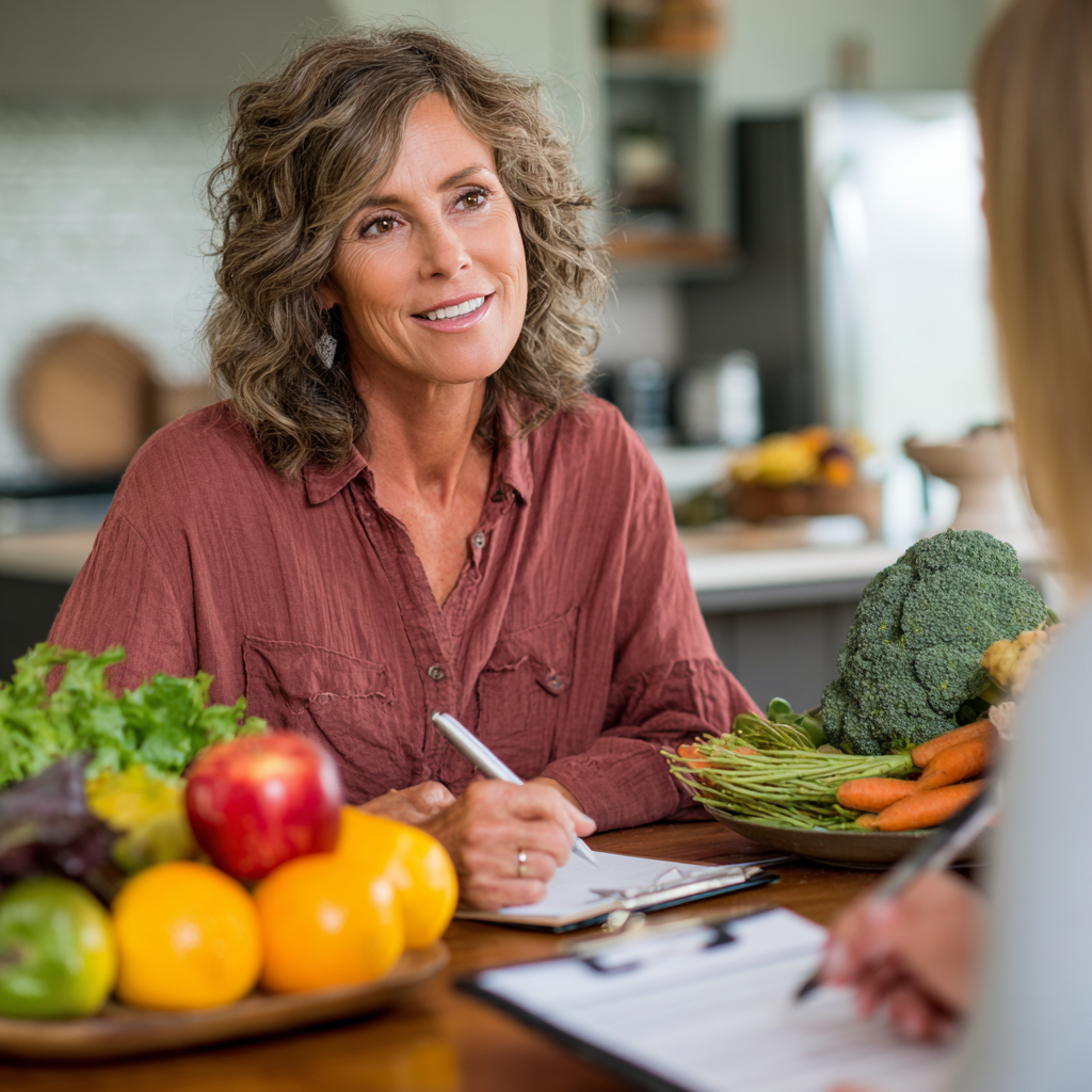 middle-aged nutritionist consulting with client about meal planning